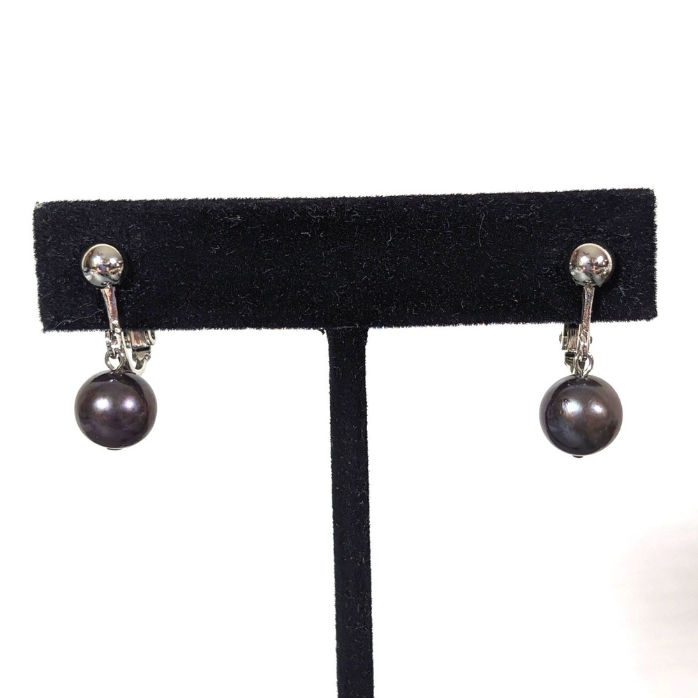 Silver Tone Gray Faux Pearl Dangle Screw Back Clip On Earrings Classic